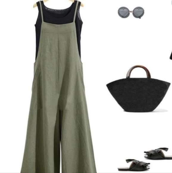 Hand Crafted Pants - NEW Linen Overalls Jumpsuit Romper- Olive Green Wide Legs Pockets